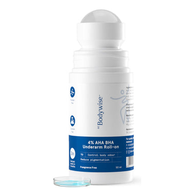 Be Bodywise 4% Aha Bha Underarm Roll On 50ml | 2% Lactic Acid, 1% Mandelic Acid, 1% Salicylic Acid | Controls Odour & Reduces Pigmentation | 0% Alcohol & 0% Aluminium | Fragrance Free